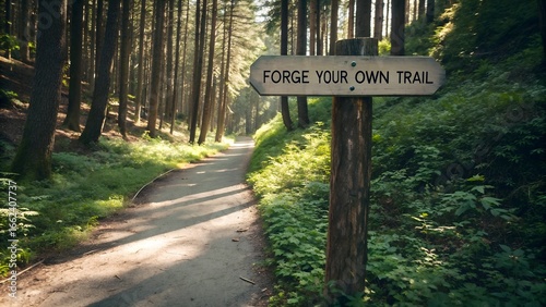 Pathway in Forest with Sign to Forge Individual Trail Choices