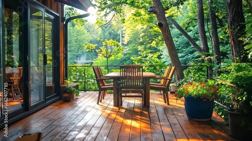 a wooden deck with a table and chairs on it 4k video