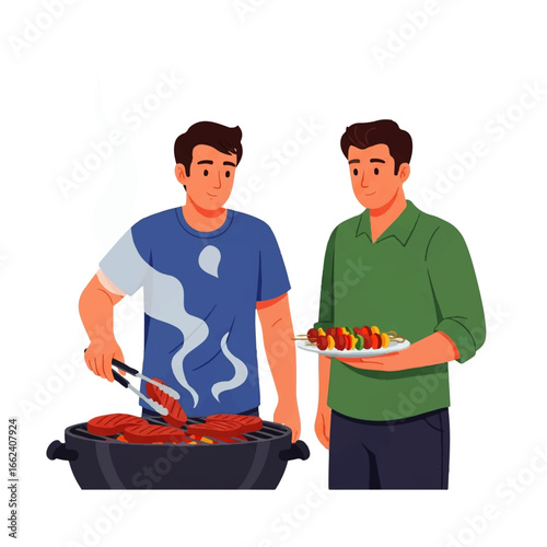 Two men happily grilling steaks and kebabs outdoors, enjoying a summer barbecue together.