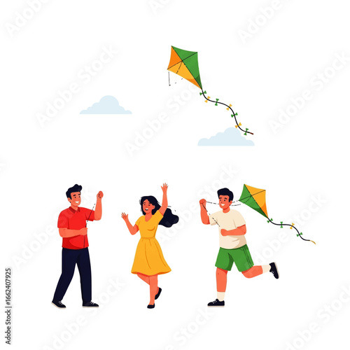 Three cheerful friends joyfully fly kites on a bright, sunny day, enjoying carefree playtime outdoors.
