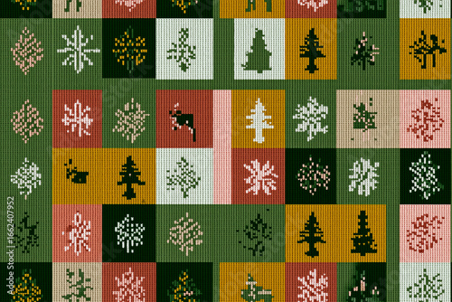 Seamless Scandinavian Christmas tile pattern with trees snowflakes reindeer gifts hearts
