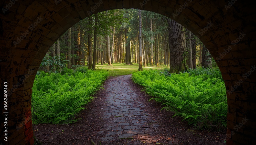 Obraz premium Arched entrance to lush green forest path sunlight dappled woodland nature scene