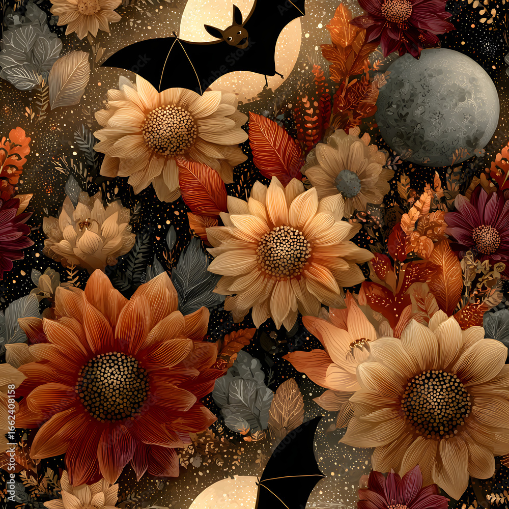 Boho retro Halloween Bat fly in floral sunflower space vector seamless pattern. Rearmouse silhouette among stars planets and flowers background. Hippie galaxy autumn faded colours surface design. Boho retro Halloween Bat fly in floral sunflower space vector seamless pattern. Rearmouse silhouette among stars planets and flowers background. Hippie galaxy autumn faded colours surface design.