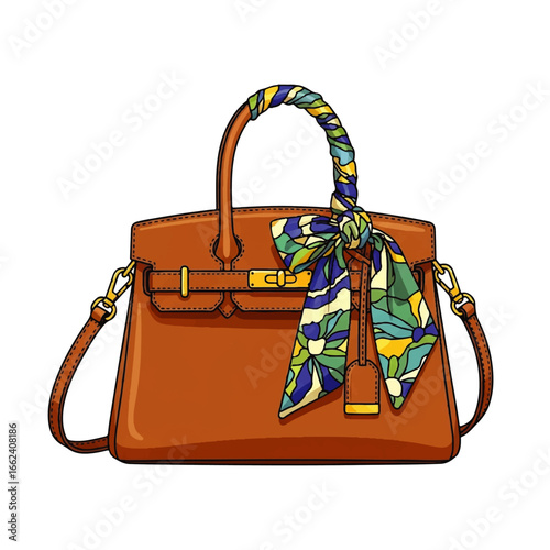 A stylish brown leather handbag adorned with a vibrant floral silk scarf sits elegantly against a white background, conveying luxury and sophistication.