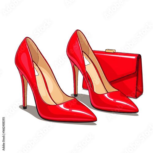 A pair of glossy red high-heeled shoes and matching clutch purse sit elegantly on a white background, conveying sophistication and glamour.