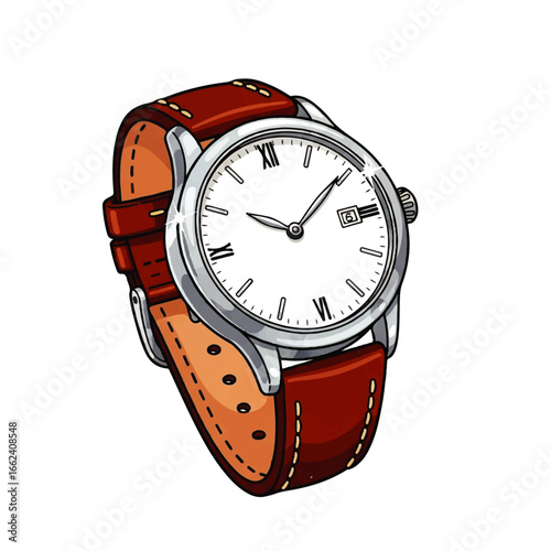 A classic silver wristwatch with a brown leather strap rests on a white background, showcasing timeless elegance.