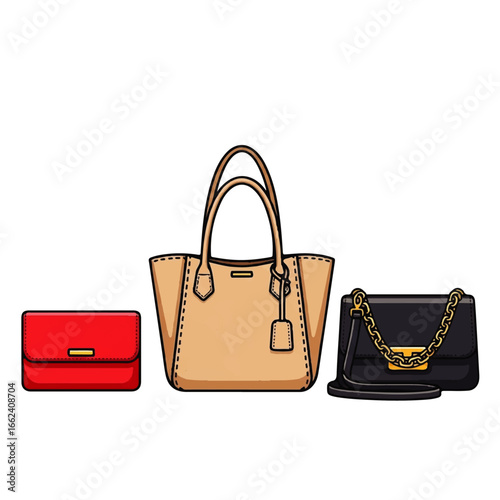 Three stylish women's handbags, a red clutch, beige tote, and black crossbody, rest against a white background, conveying elegance and sophistication.