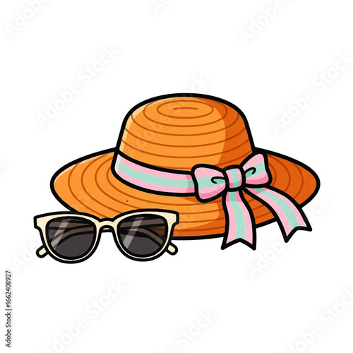 A stylish straw sunhat with a pink and blue ribbon and matching sunglasses, ready for a sunny vacation.
