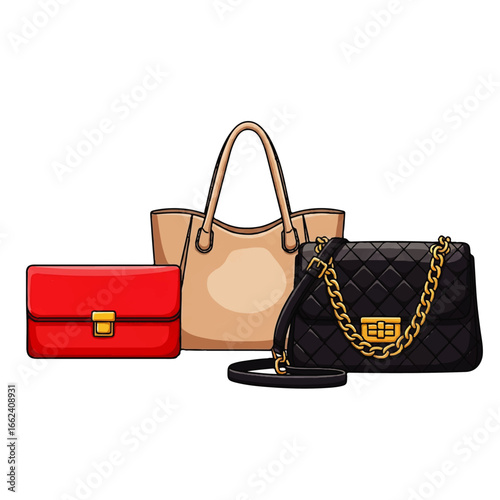 Three stylish women's handbags, a red clutch, beige tote, and black quilted shoulder bag, arranged together against a white background, conveying elegance and fashion.