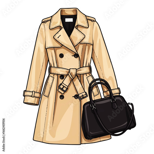A beige trench coat with a belted waist and a stylish black handbag rests elegantly against a white background, conveying a sophisticated and chic autumnal mood.