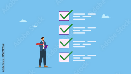 Businessman tick checkbox as completed on digital tablet. Checklist task accomplishment, approval digital document, list planning, completion or productivity task finish or job done checklist.