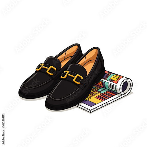 Stylish black leather loafers with gold buckles rest atop a colorful magazine, conveying a sense of modern sophistication.