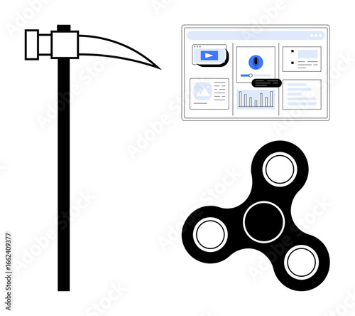 Pickaxe, tech dashboard screen, and fidget spinner visualizing work, digital progress, and stress relief. Ideal for projects on productivity, technology, mining, entertainment focus tools simple