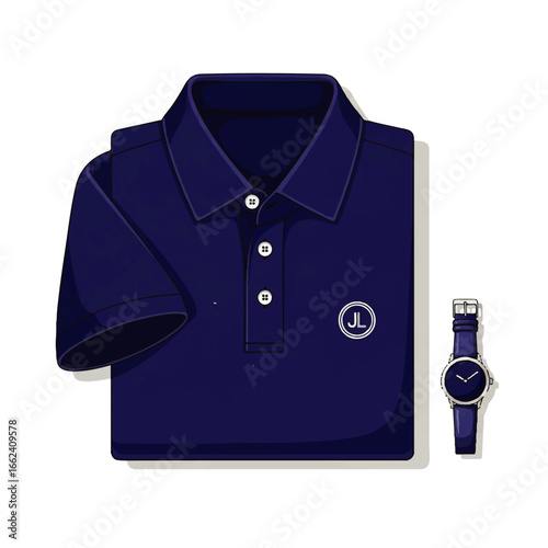 A navy blue polo shirt with a monogram and a stylish wristwatch lie neatly folded against a clean white background, conveying sophistication and minimalist style.