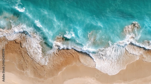 Fototapeta Naklejka Na Ścianę i Meble -  Aerial shot of turquoise ocean waves crashing on a golden sandy beach