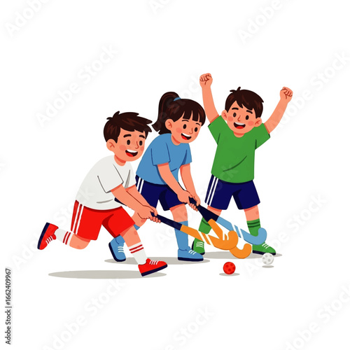 Three joyful children enthusiastically play field hockey together, showcasing teamwork and excitement on a bright field.