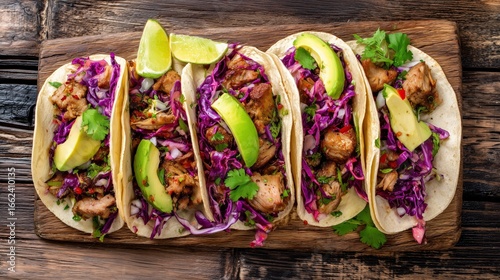 A vibrant display of Mexican street tacos with pork, avocado, and red cabbage on a rustic wooden surface.