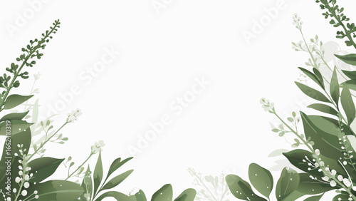 Watercolor illustration of green leaves and small white flowers framing a blank white space area