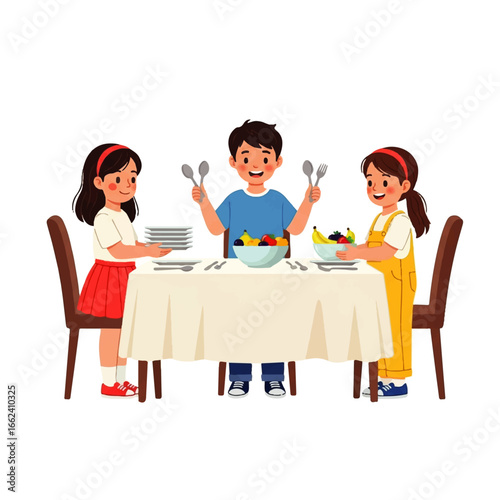 Three cheerful children prepare for a joyful meal, setting the table with plates and fruit, creating a happy and vibrant atmosphere.