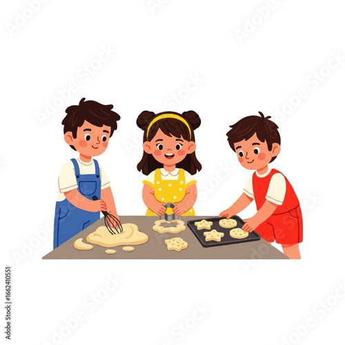 Three cheerful children joyfully bake cookies together in a kitchen, creating a heartwarming scene of childhood fun and teamwork.