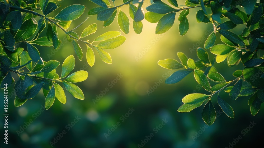 Obraz premium Branches with Green Leaves Framing Blurred Green and Yellow Background
