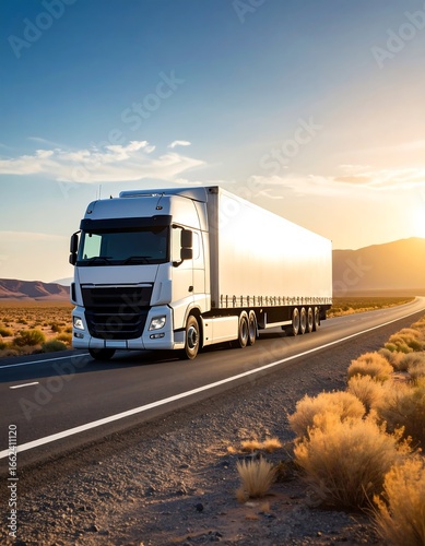 White truck on desert highway at sunset