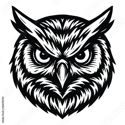 Owl head vector illustration in black and white, Detailed owl head vector illustration in black and white, perfect for logo, mascot, tattoo, emblem, or graphic design element.