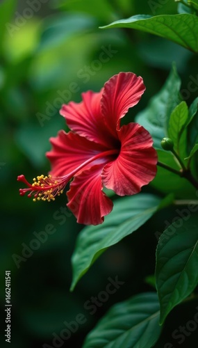 Single red hibiscus, lush green foliage background, plant life, summer, leaves