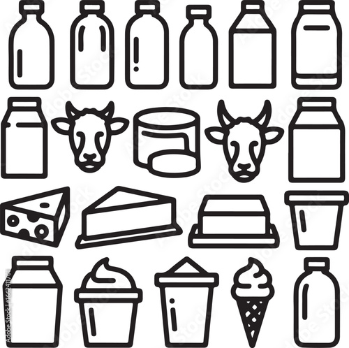 Dairy products and cow heads milk bottles jugs