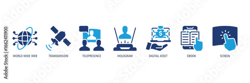 Digital Communication Glyph Dual tone Icons Web Banner – World Wide Web, Transmission, Telepresence, Hologram, Digital Asset, Ebook, Screen