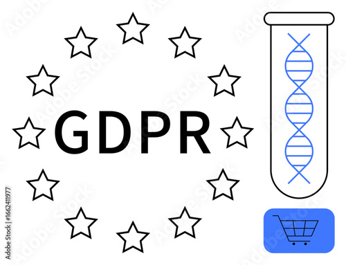 GDPR text encircled by stars, DNA strand in test tube, and a shopping cart. Ideal for data protection, privacy, biotechnology, e-commerce, regulation, ethical data use simple flat metaphor