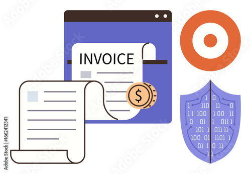 Online invoice with scroll, coin, security shield with binary code, and target graphic. Ideal for finance, accounting, online payment, cybersecurity, data protection precision transparent business