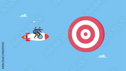 Business people riding rocket to reach target bullseye. Team target achievement, reaching goal or success, teamwork strategy, challenge or aspiration to win together, leadership to lead team.