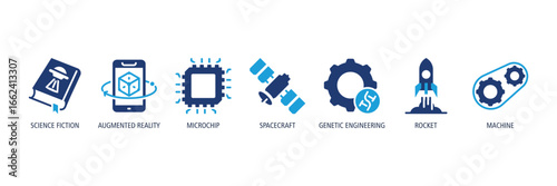 Science & Engineering Glyph Dual tone Icons Web Banner – Science Fiction, Augmented Reality, Microchip, Spacecraft, Genetic Engineering, Rocket, Machine