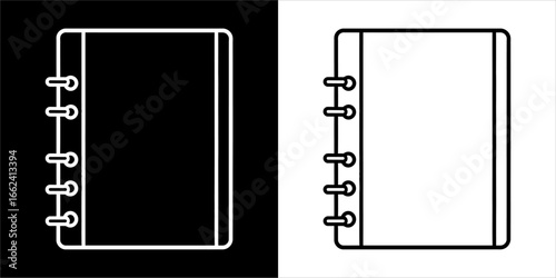 A simple line drawing of a notebook, presented on contrasting backgrounds.