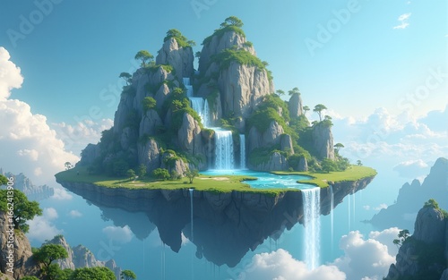 Beautiful fantasy floating island with waterfalls - Generative AI. High quality