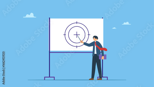 Smart businessman project manager present scope of work in meeting. Scope of work, define work to be performed agreement document, plan or strategy in project management, goal and target.
