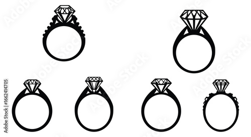 Collection of six different diamond ring designs in black and white