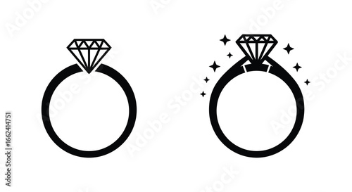 Simple black and white diamond ring icons with sparkles