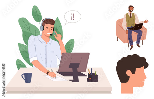 Office worker wearing a headset at a desk talking, another man sitting with a laptop. Ideal for teamwork, remote work, customer service, online learning, business, multitasking, simple flat metaphor