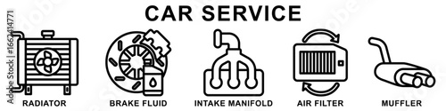 Car service icon set. contain radiator, brake fluid, intake manifold, muffler and more. Vector for modern concept digital or print, car service, auto garage UI, UX, web and app development.
