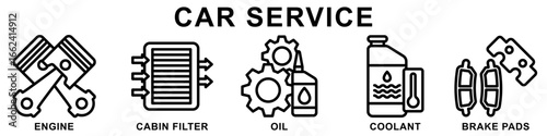 Car service icon set. contain engine, cabin filter, oil, coolant, brake pads and more. Vector for modern concept digital or print, car service, auto garage, UI, UX, web and app development.