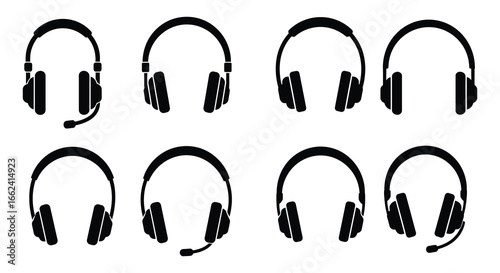 Eight different black headsets with microphones on a white background