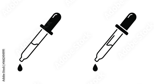 Two eyedroppers with liquid drops falling on a plain white background