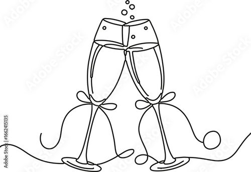 Two champagne glasses clinking in continuous line drawing style, symbolizing celebration and joy. minimalist design features elegant curves and bubbles, conveying festive atmosphere