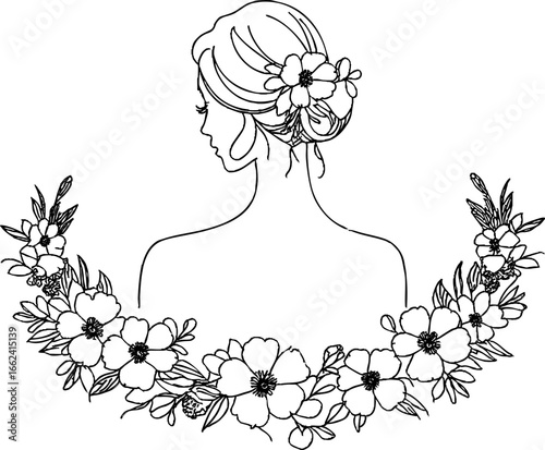 Graceful line art illustration of woman with flowers in her hair, surrounded by floral wreath. elegant design features intricate floral details, creating serene and artistic composition