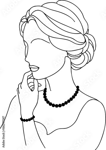 Elegant line art of woman with updo hairstyle, wearing pearl necklace and bracelet, exuding sophistication and grace. minimalist design highlights her poised demeanor