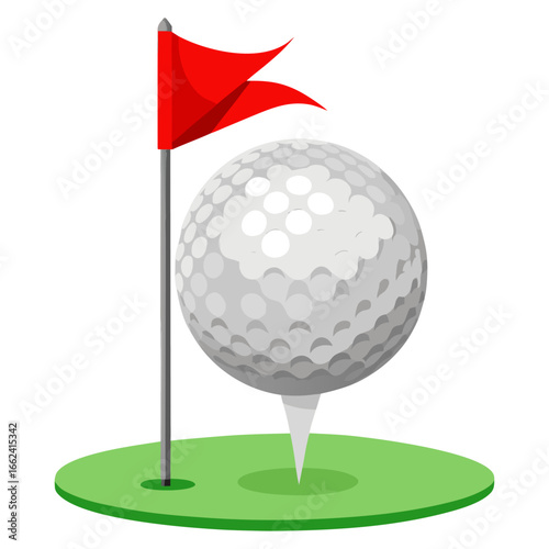 A detailed illustration of a golf ball on a tee next to a red flagstick on a patch of green grass, perfect for sports, leisure, and golf-related themes.