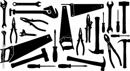 A collection of various hand tools including wrenches pliers saws screwdrivers and hammers in black silhouette | editable eps vectors