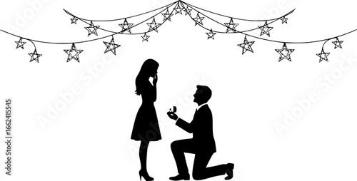 Silhouette of man proposing to woman under star string lights in romantic illustration scene design | editable eps vectors